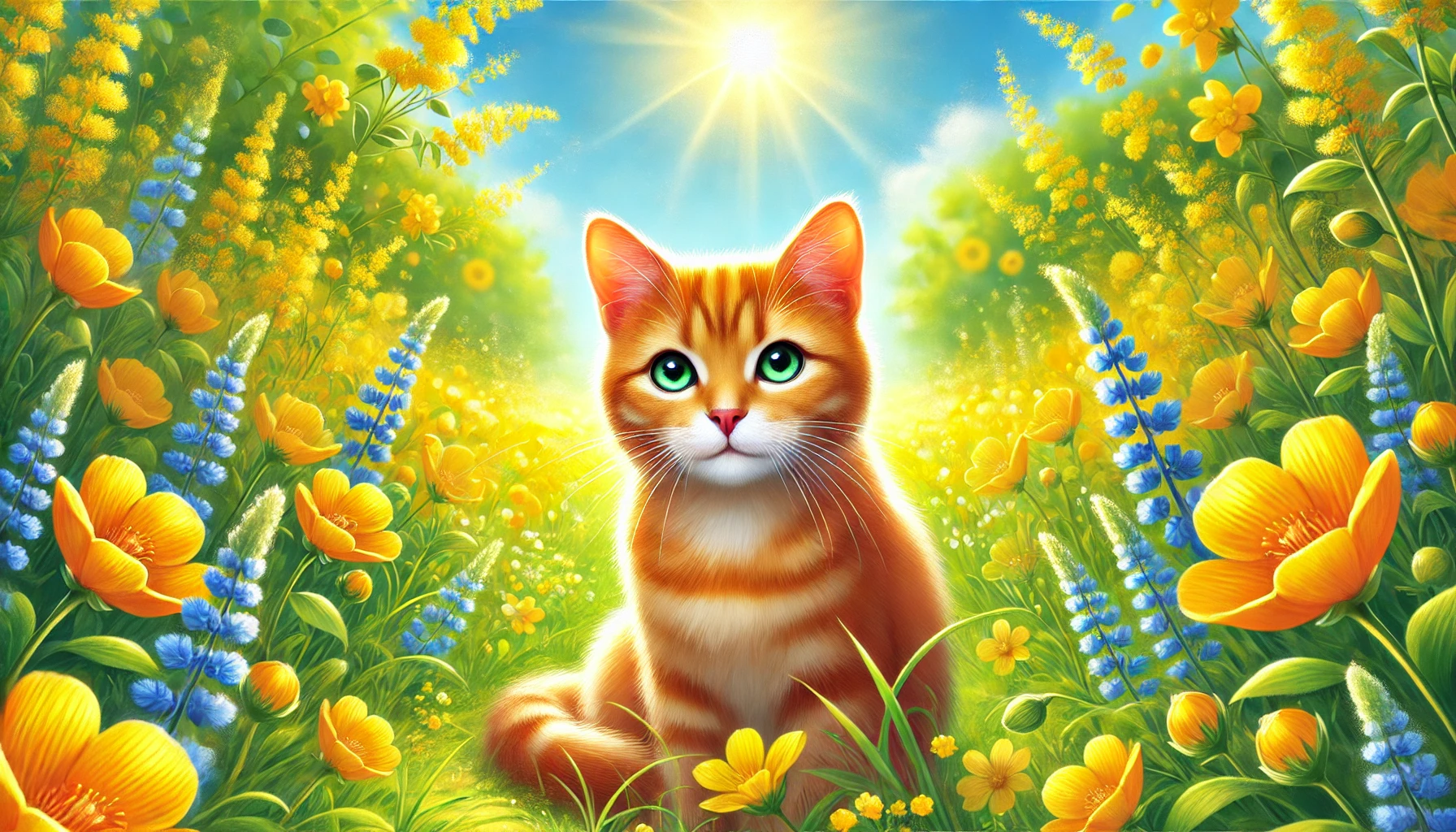 a cat outside in the sun, orange cat, happy cat, Sunny, warm, lots of flowers